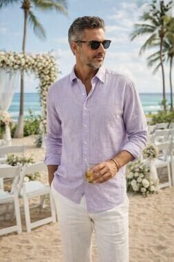Robert Graham Tailored Fit Linen Collared Shirt — 2XL Purple Vacation Wedding